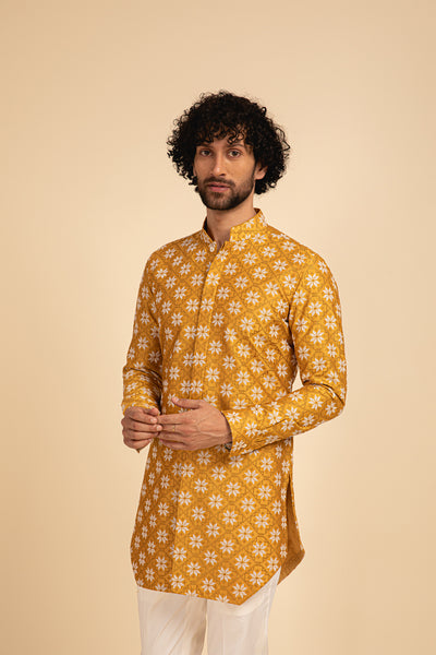 Arjan Dugal Silk Cross Stitch Embroidered Edge Cut Kurta yellow festive indian designer menswear online shopping melange singapore