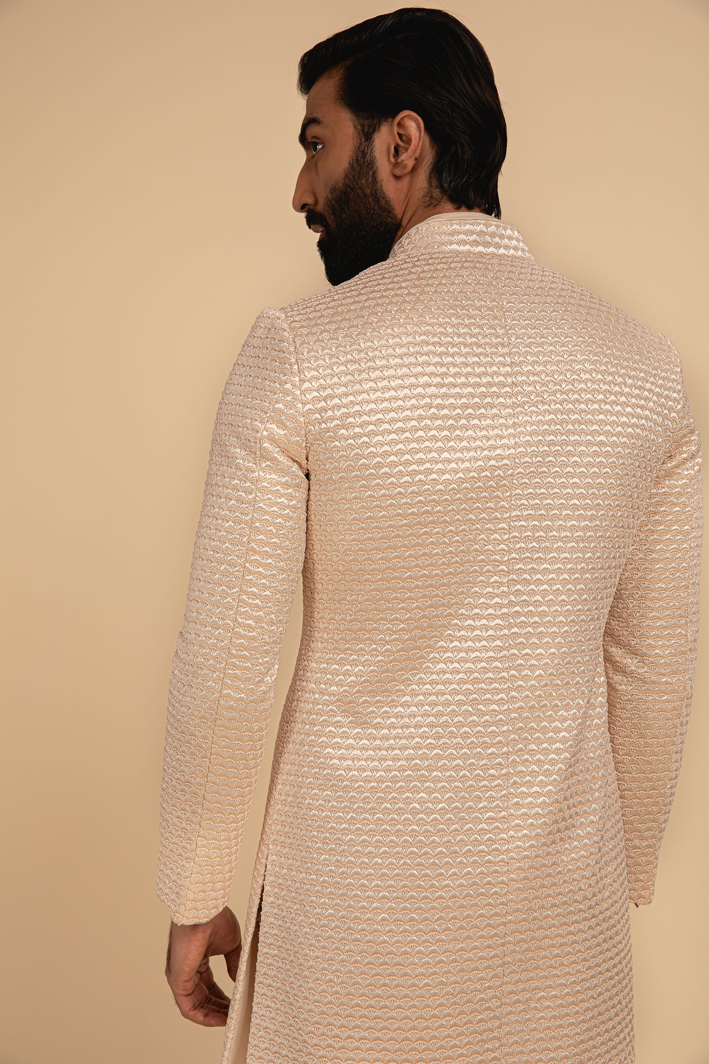 Arjan Dugal Silk Hand Embroidered Achkan with French knots cream festive indian designer menswear online shopping melange singapore