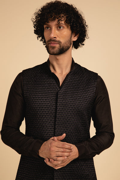 Arjan Dugal Silk Hand Embroidered Waistcoat With Kurta And Pant black indian designer menswear online shopping melange singapore