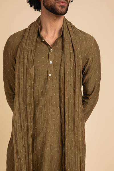 Arjan Dugal Olive Jamdani Hand Woven Kurta Set olive green festive indian designer menswear online shopping melange singapore