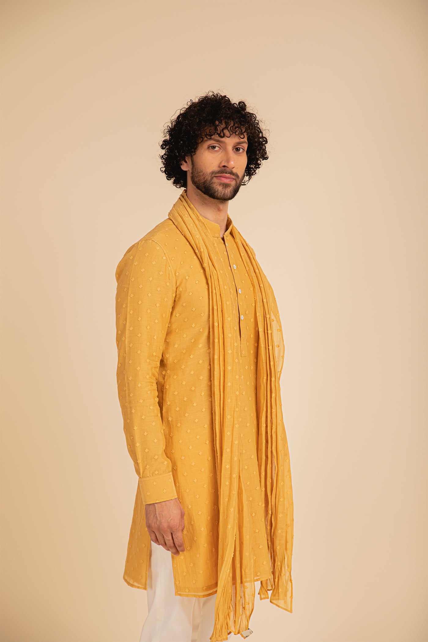 Arjan Dugal Jamdani Hand Woven Kurta Set yellow festive indian designer menswear online shopping melange singapore