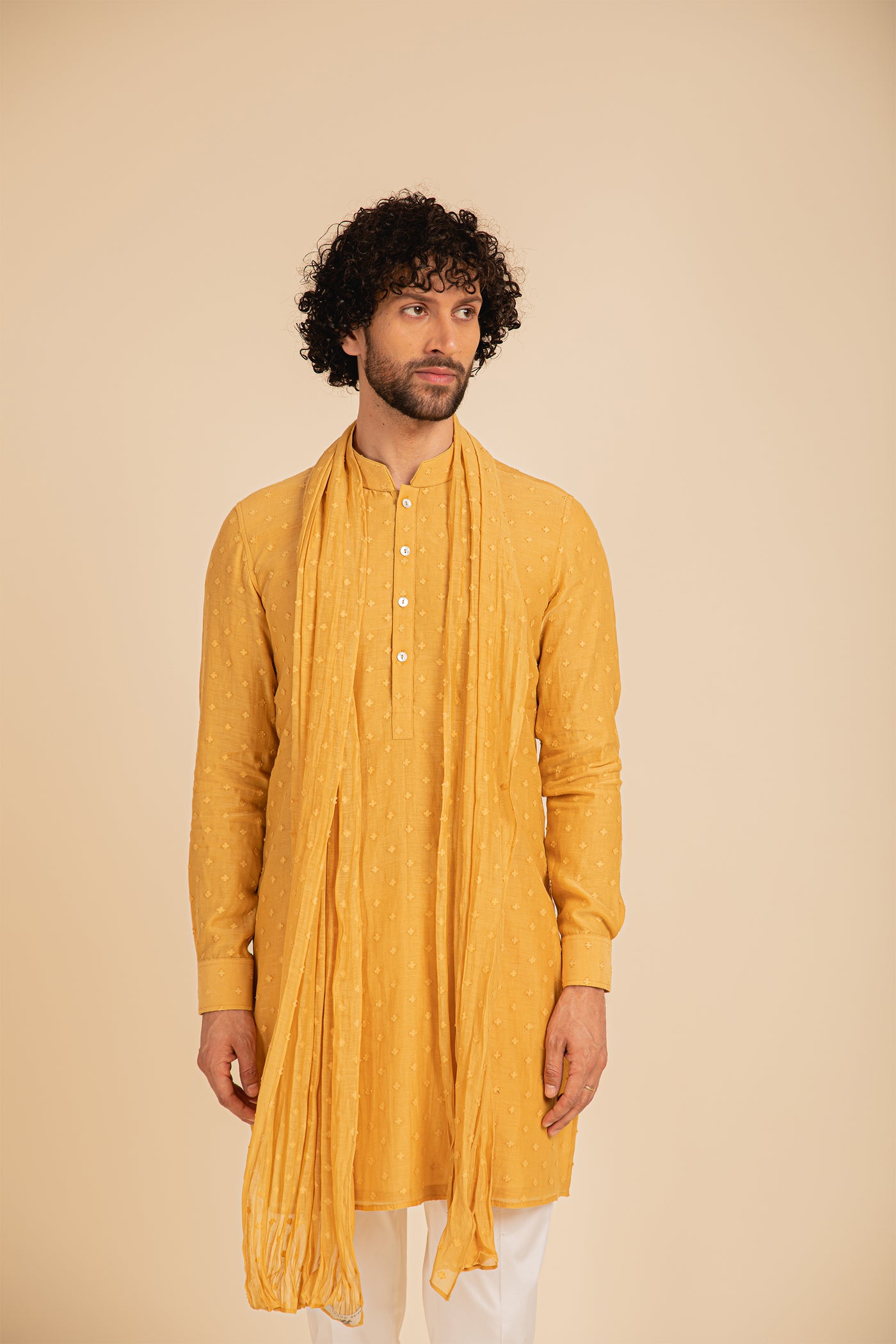 Arjan Dugal Jamdani Hand Woven Kurta Set yellow festive indian designer menswear online shopping melange singapore