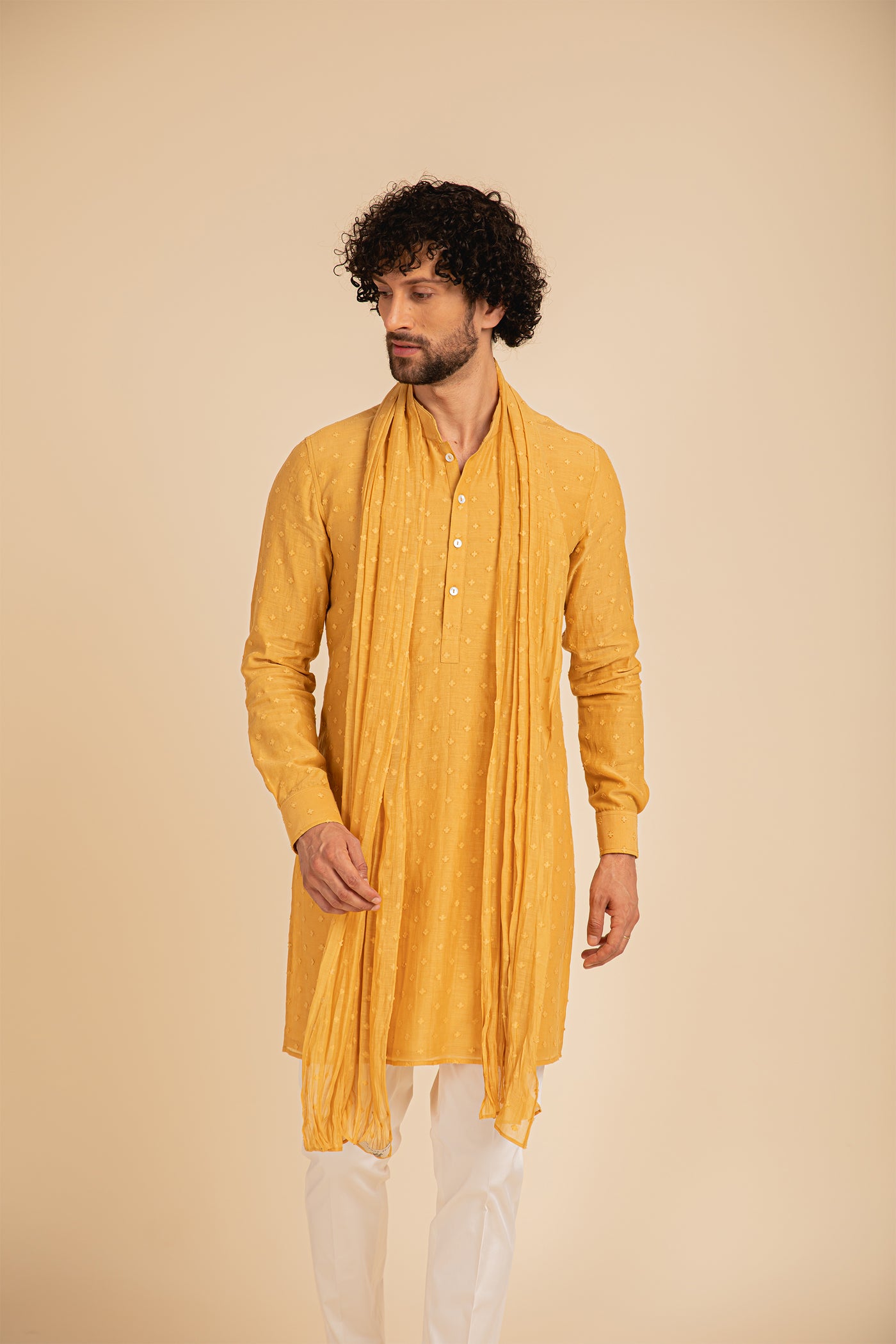 Arjan Dugal Jamdani Hand Woven Kurta Set yellow festive indian designer menswear online shopping melange singapore