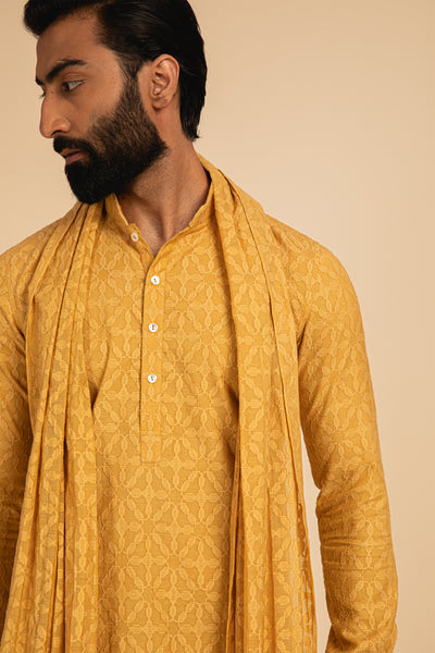 Arjan Dugal Jamdani Hand Woven Kurta With Salwar yellow festive indian designer menswear online shopping melange singapore