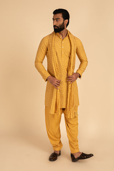 Arjan Dugal Jamdani Hand Woven Kurta With Salwar yellow festive indian designer menswear online shopping melange singapore