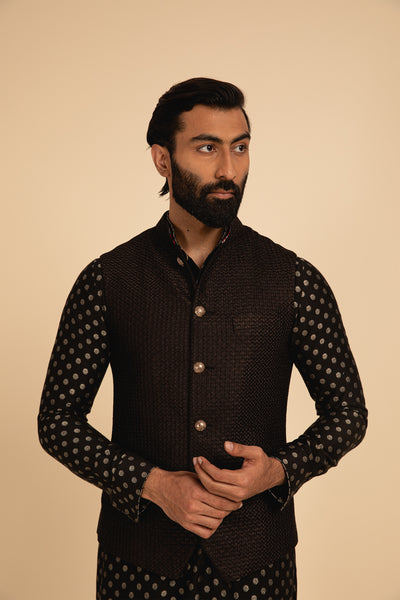 Arjan Dugal All Over Silk Embroidered Nehru Jacket black festive indian designer menswear online shopping melange singapore