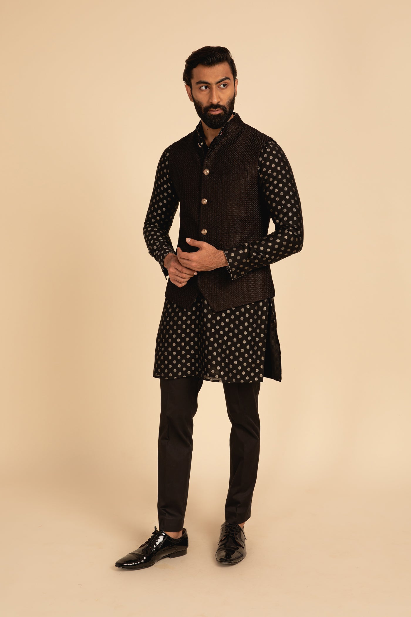 Arjan Dugal All Over Silk Embroidered Nehru Jacket  black festive indian designer menswear online shopping melange singapore