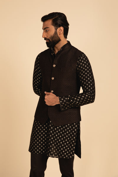 Arjan Dugal All Over Silk Embroidered Nehru Jacket black festive indian designer menswear online shopping melange singapore