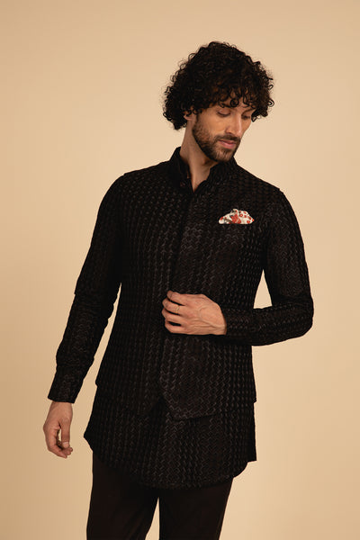 Arjan Dugal Arrow Shape Silk Thread Embroidery On Waistcoat black festive indian designer menswear online shopping melange singapore
