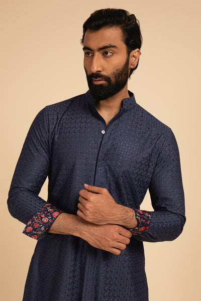 Arjan Dugal Geometric Motif Silk Front Open Edge Cut Kurta blue festive indian designer menswear online shopping melange singapore