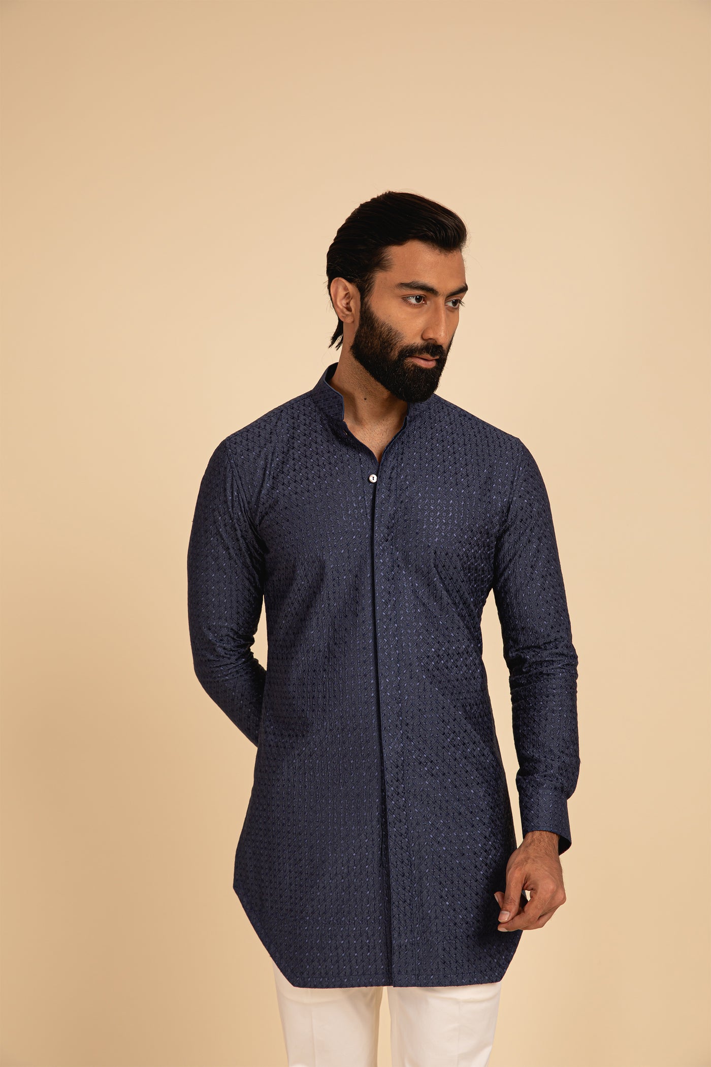 Arjan Dugal Geometric Motif Silk Front Open Edge Cut Kurta blue festive indian designer menswear online shopping melange singapore