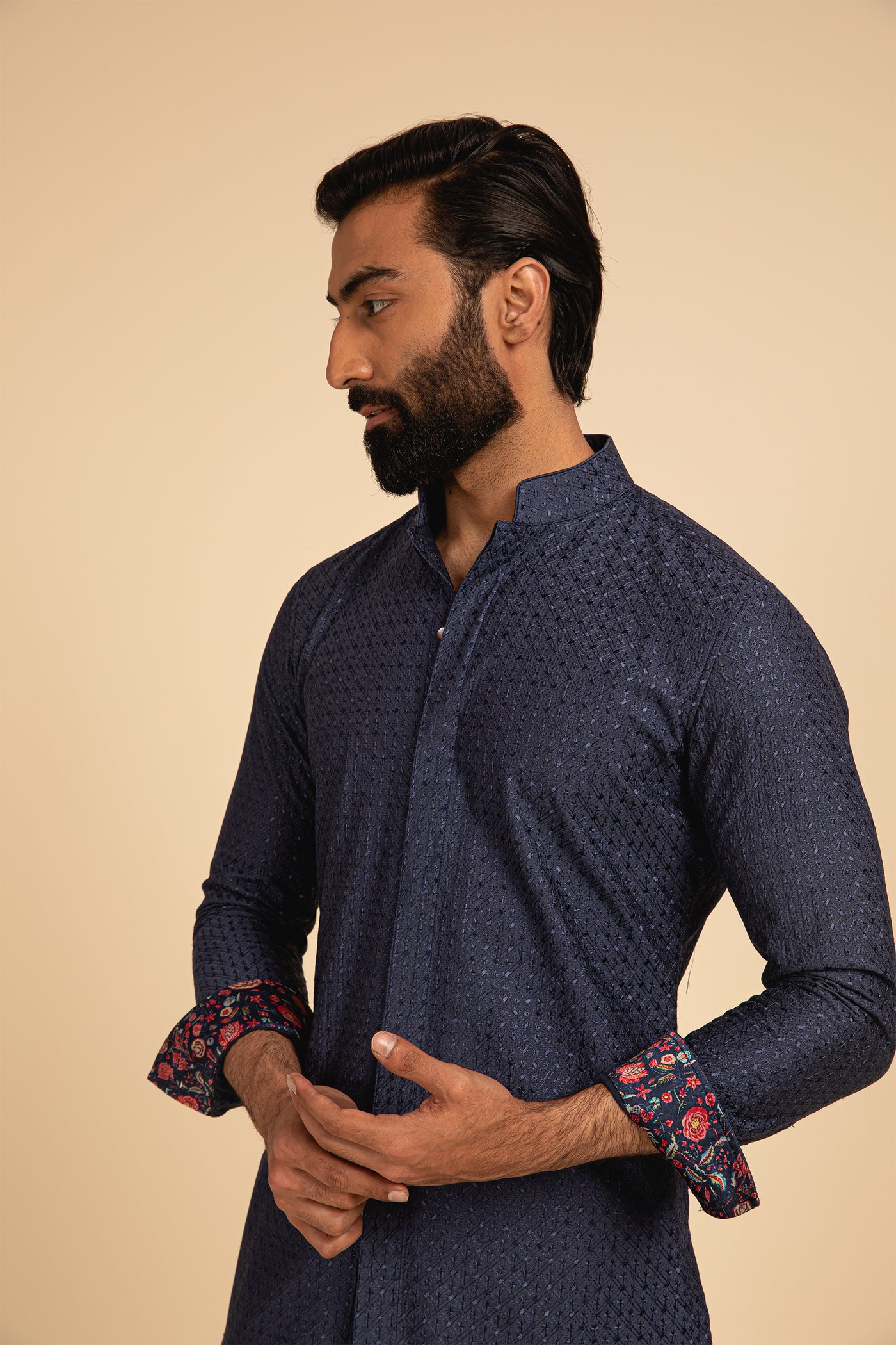 Arjan Dugal Geometric Motif Silk Front Open Edge Cut Kurta blue festive indian designer menswear online shopping melange singapore