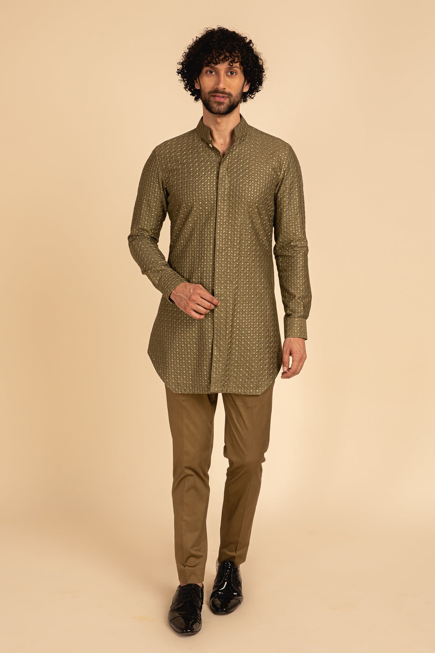 Arjan dugal Geometric Motif Silk Front Open Edge Cut Kurta olive festive indian designer menswear online shopping melange singapore