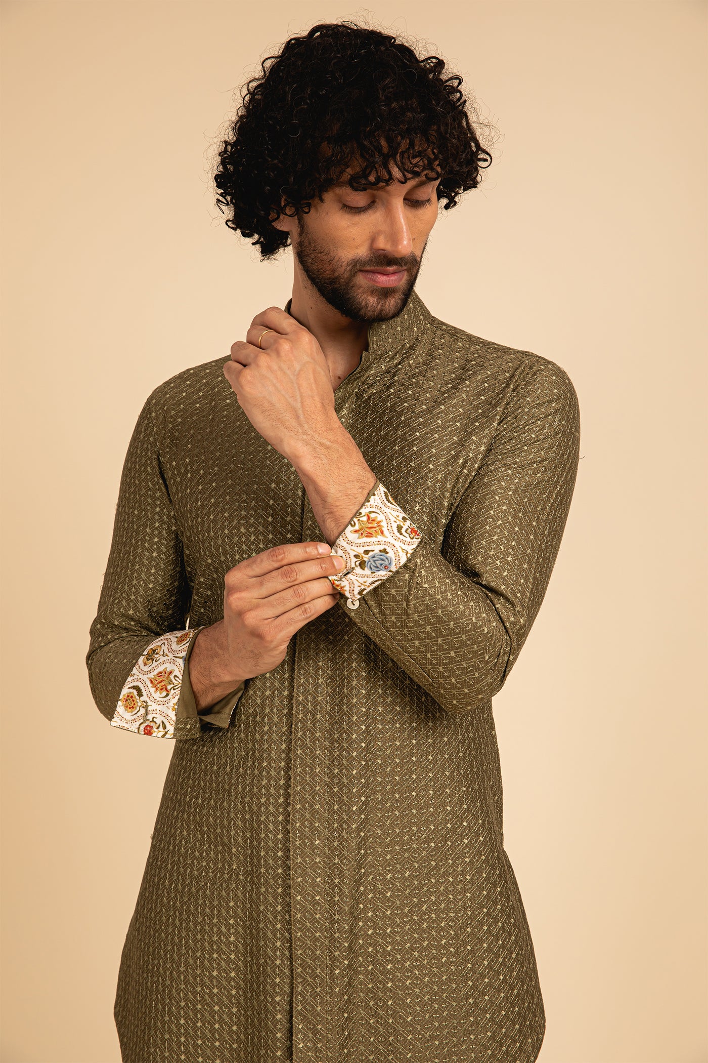 Arjan dugal Geometric Motif Silk Front Open Edge Cut Kurta olive festive indian designer menswear online shopping melange singapore