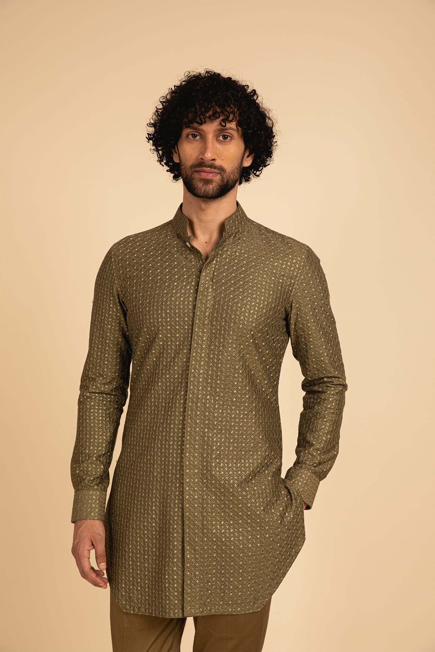 Arjan dugal Geometric Motif Silk Front Open Edge Cut Kurta olive festive indian designer menswear online shopping melange singapore