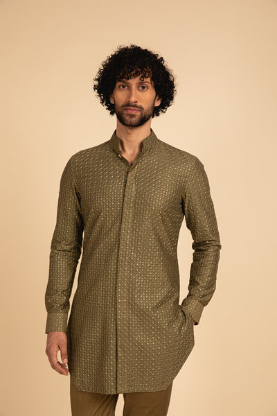 Arjan dugal Geometric Motif Silk Front Open Edge Cut Kurta olive festive indian designer menswear online shopping melange singapore