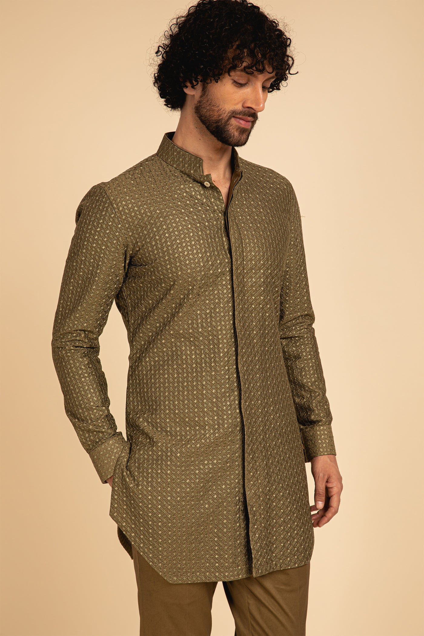 Arjan dugal Geometric Motif Silk Front Open Edge Cut Kurta olive festive indian designer menswear online shopping melange singapore