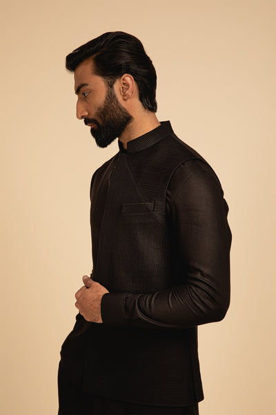 Arjan Dugal One Sided Straight Pintucked Nehru Jacket black festive indian designer menswear online shopping melange singapore