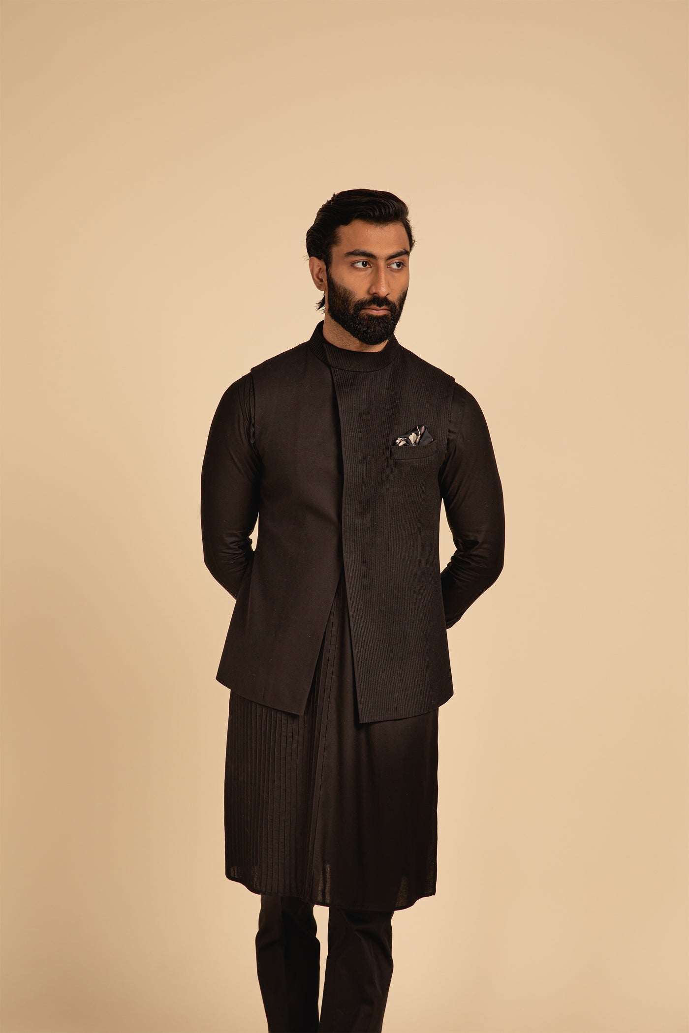 Arjan Dugal One Sided Straight Pintucked Nehru Jacket black festive indian designer menswear online shopping melange singapore