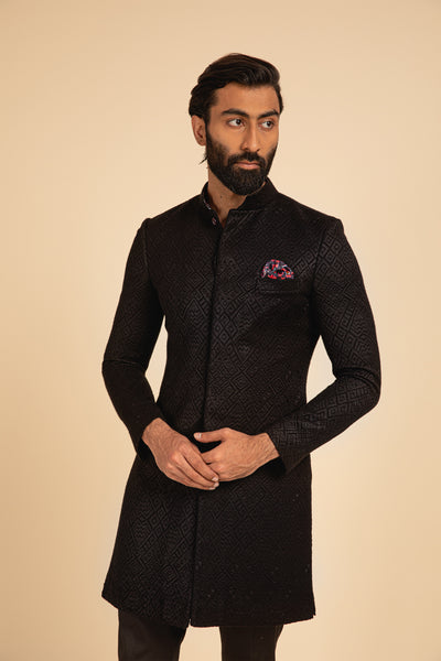 Arjan Dugal Silk Embroidered Achkan Black festive indian designer menswear online shopping melange singapore