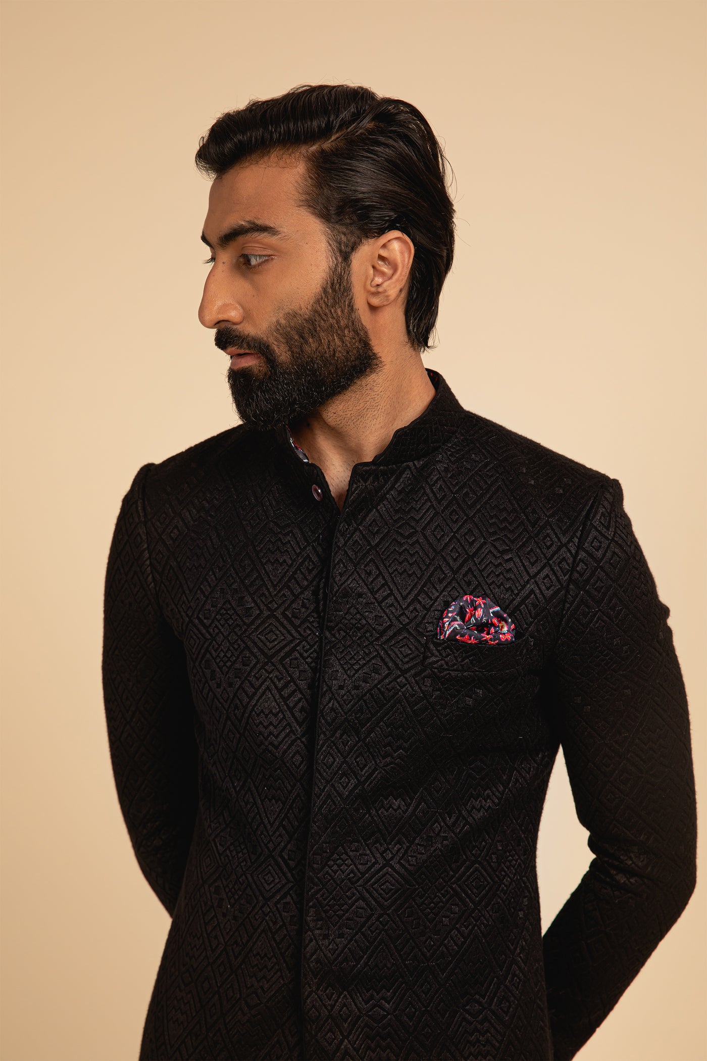 Arjan Dugal Silk Embroidered Achkan Black festive indian designer menswear online shopping melange singapore