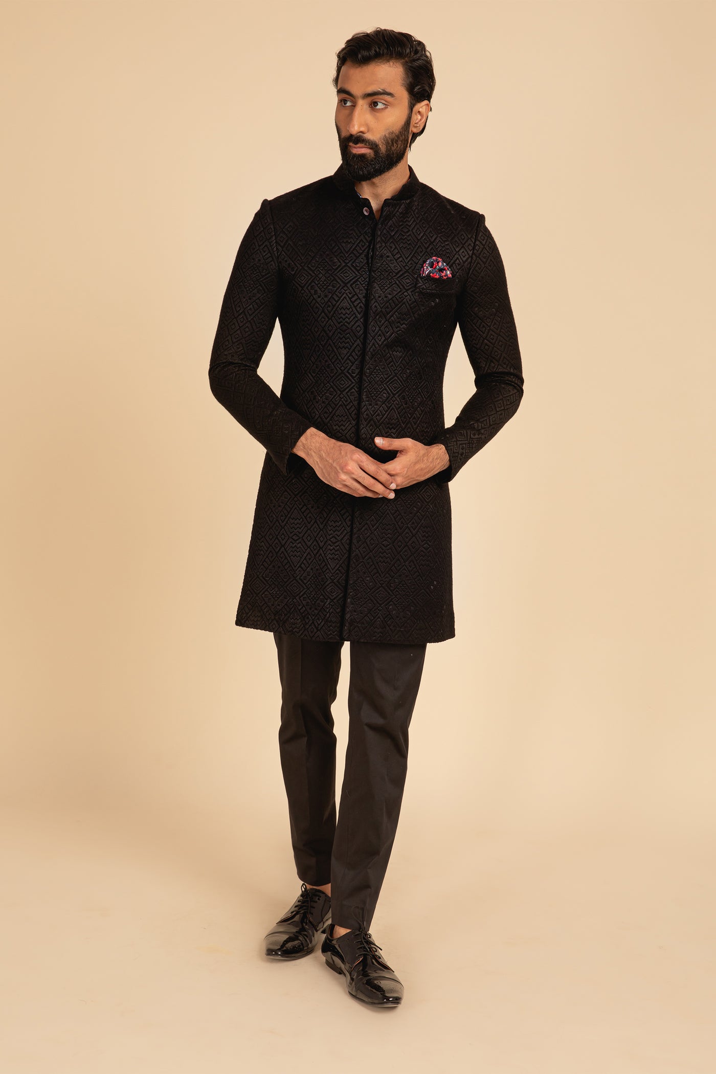 Arjan Dugal Silk Embroidered Achkan Black festive indian designer menswear online shopping melange singapore