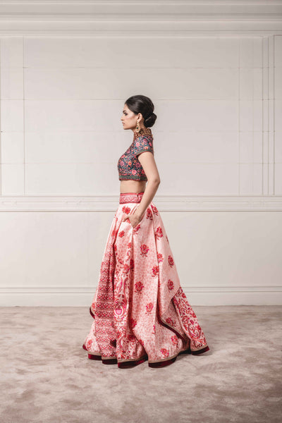 Asymmetric Printed Lehenga With Printed Top Embellished High Neck