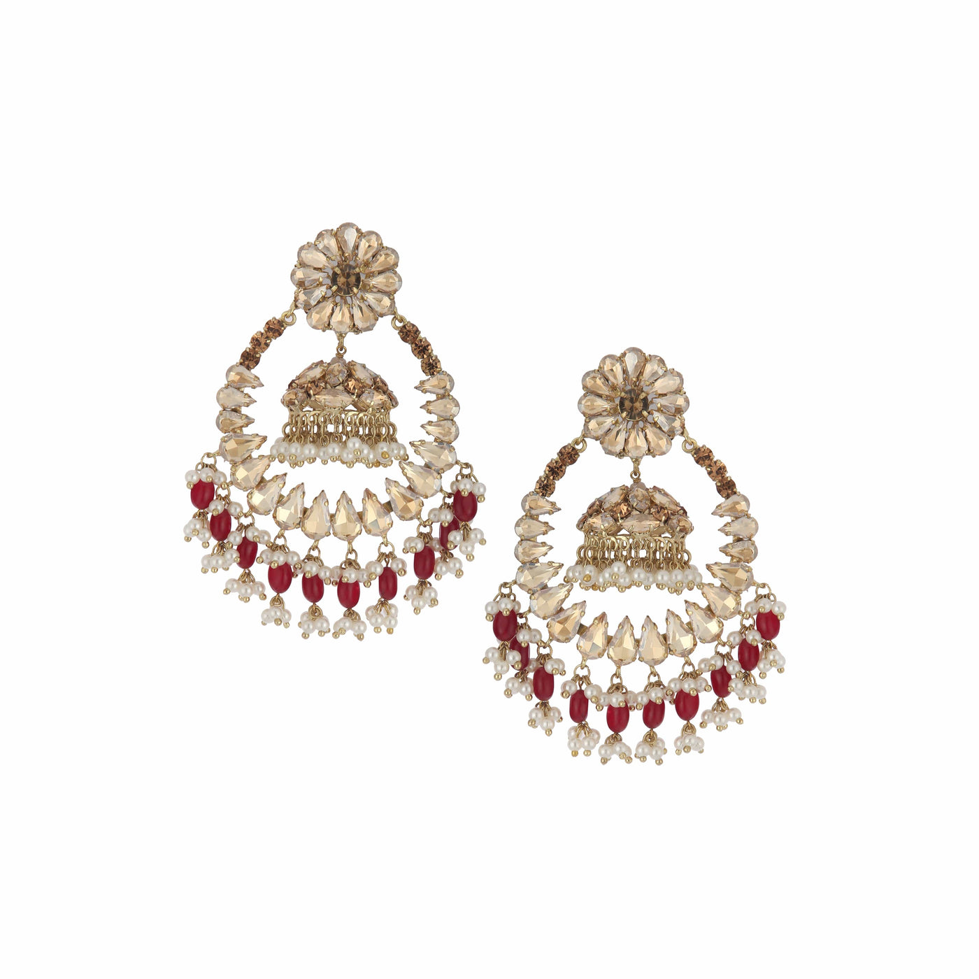 Red And Gold Crystal Jhumkis