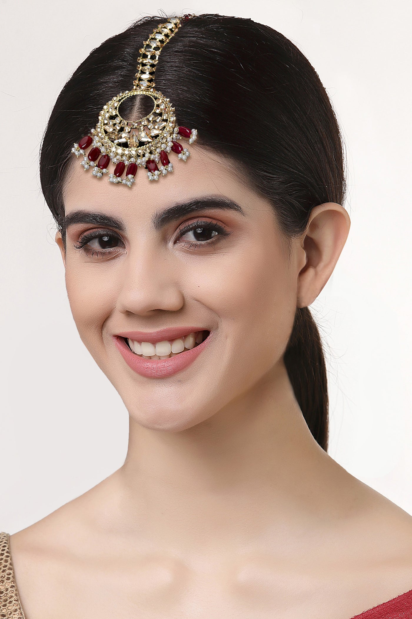 Bijoux by priya chandna Crystal Moon Maangtika red and gold fashion imitation jewellery  indian designer wear online shopping melange singapore