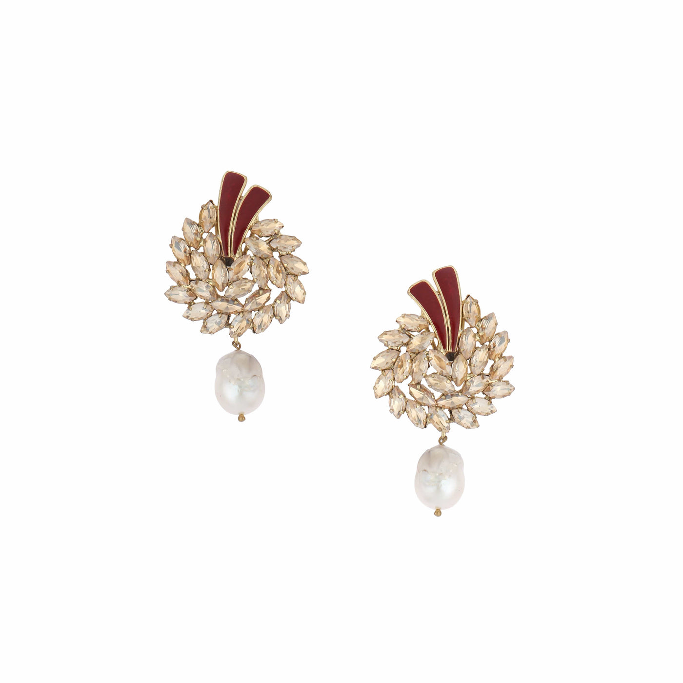 Red And Gold Crystal Studs With Pearl