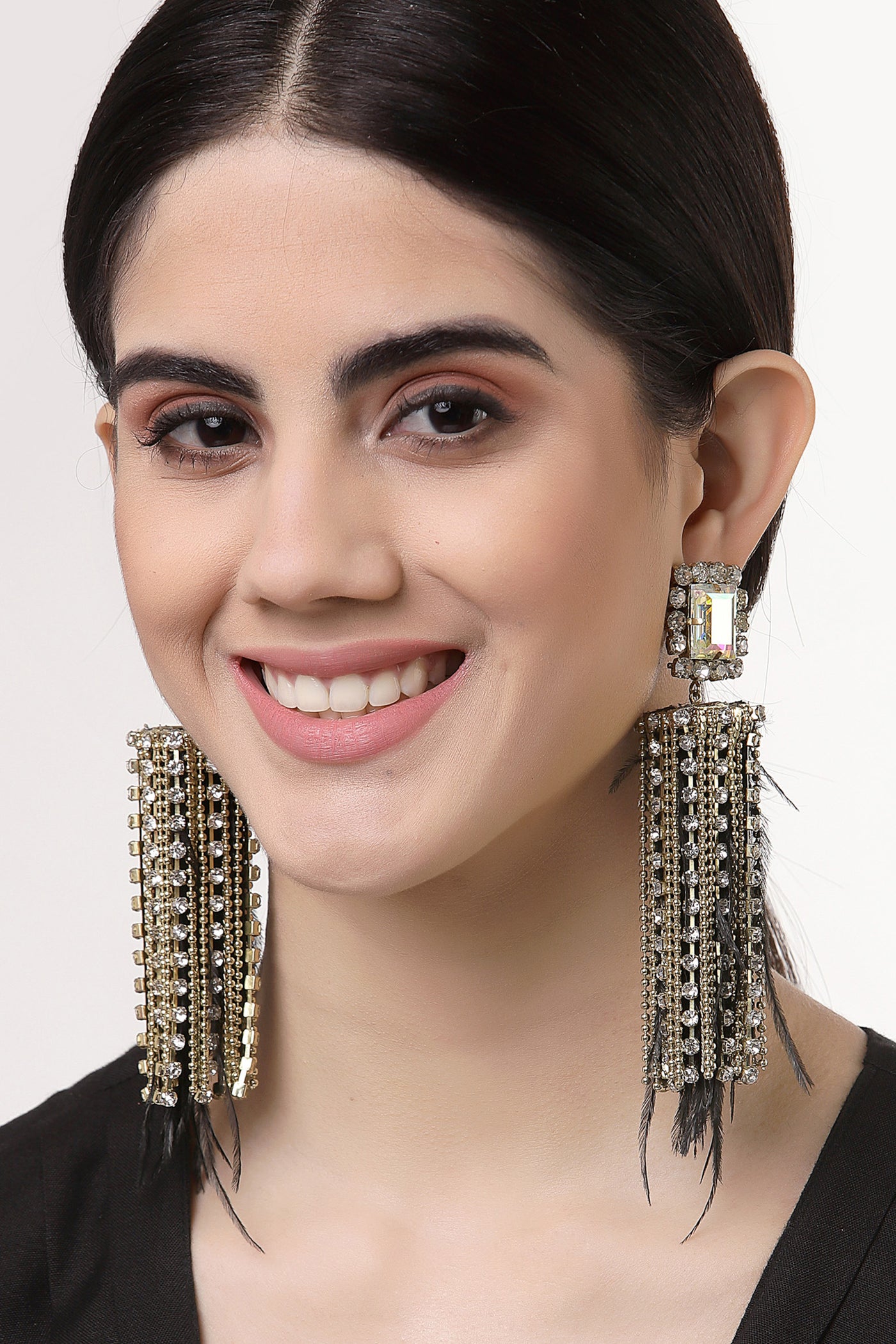 Bijoux by priya chandna Feather Shoulder Dusters With Crystals black and gold fashion imitation jewellery  indian designer wear online shopping melange singapore
