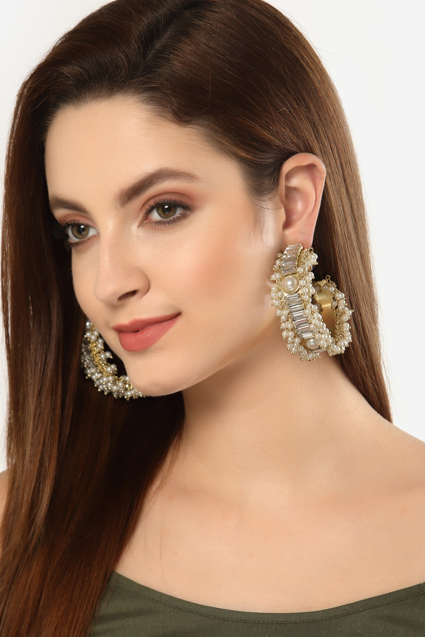 Bijoux by priya chandna Pearl And Crystal Hoops In Off White fashion imitation jewellery  indian designer wear online shopping melange singapore