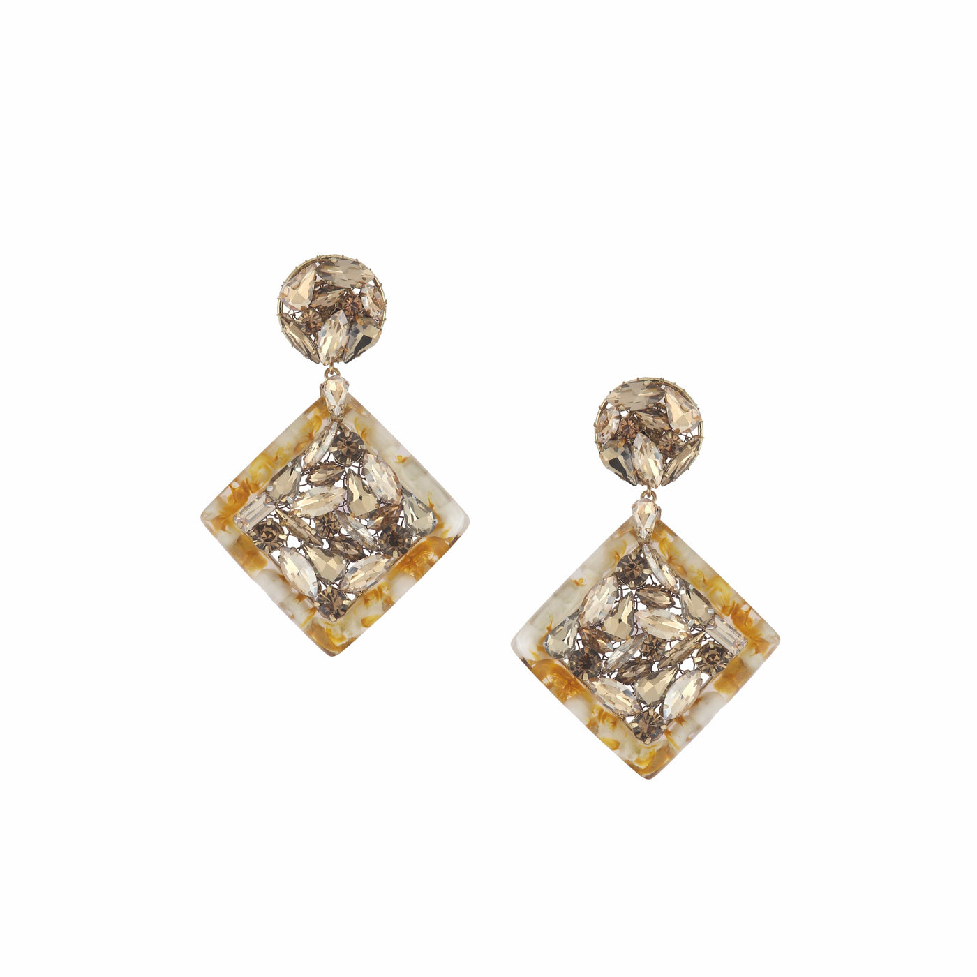 Gold Resin Square Earring With Crystal Stones