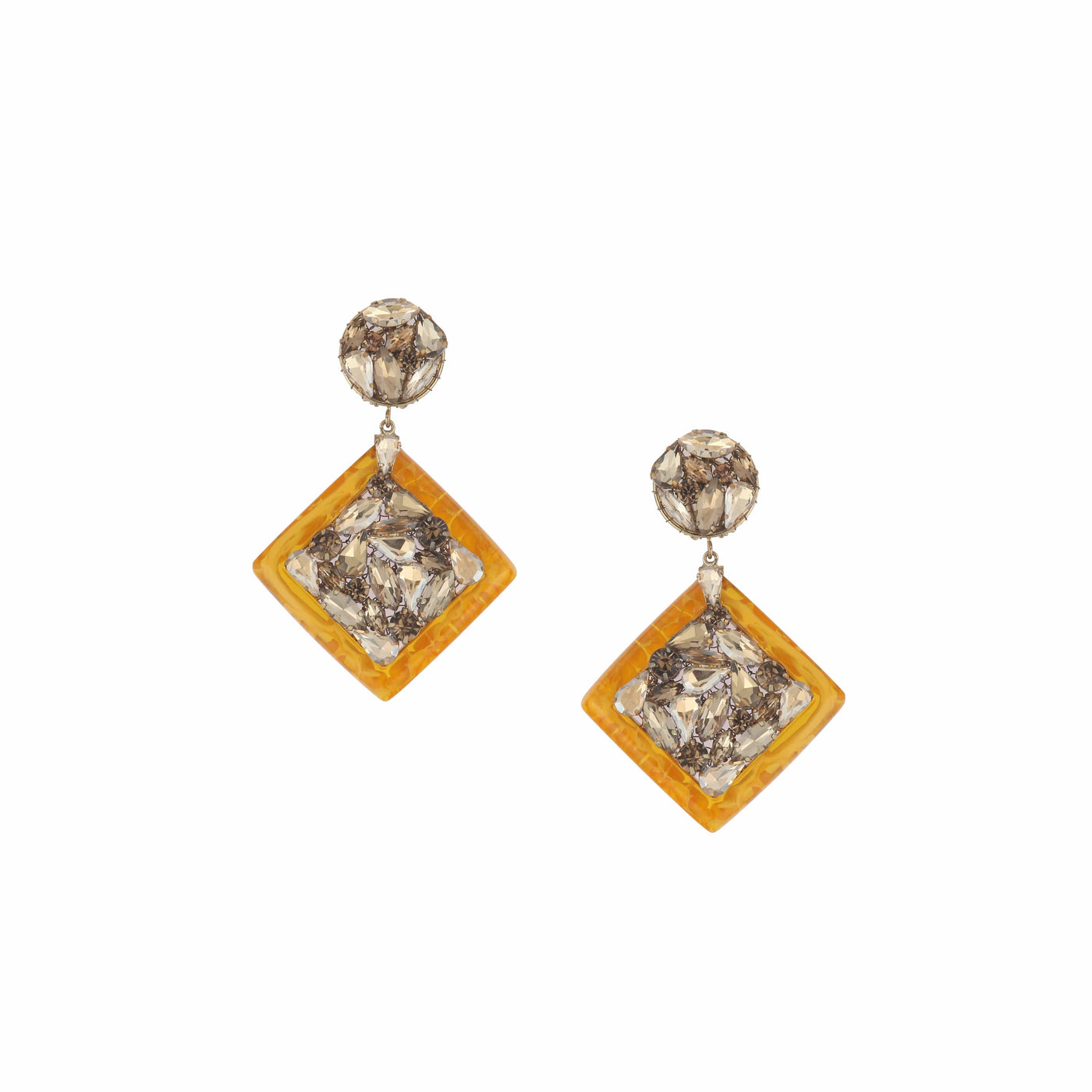 Yellow Resin Square Earrings With Crystal Stones