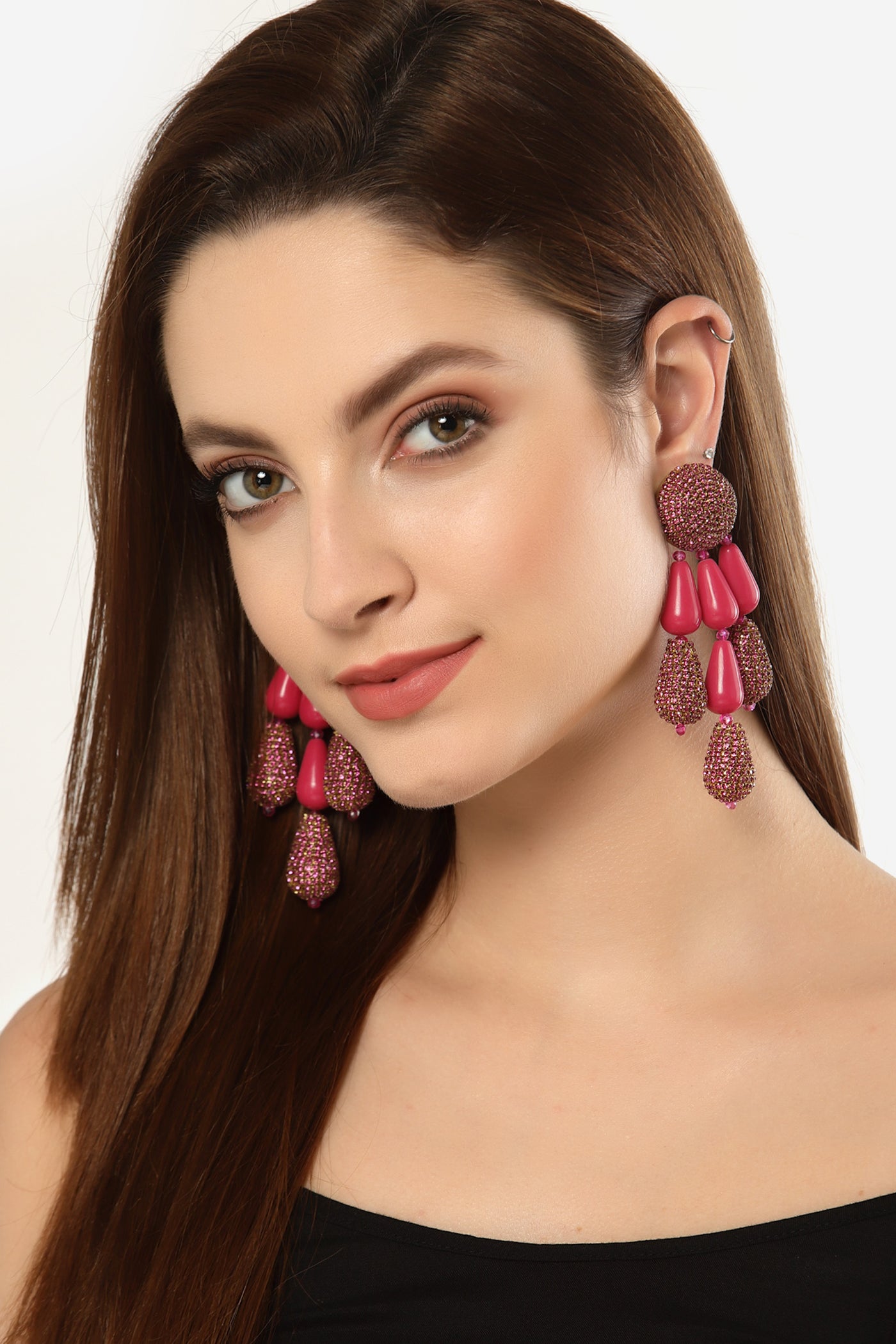 Bijoux by priya chandna Resin And Crystal Drop Earring In Fuchsia fashion imitation jewellery  indian designer wear online shopping melange singapore