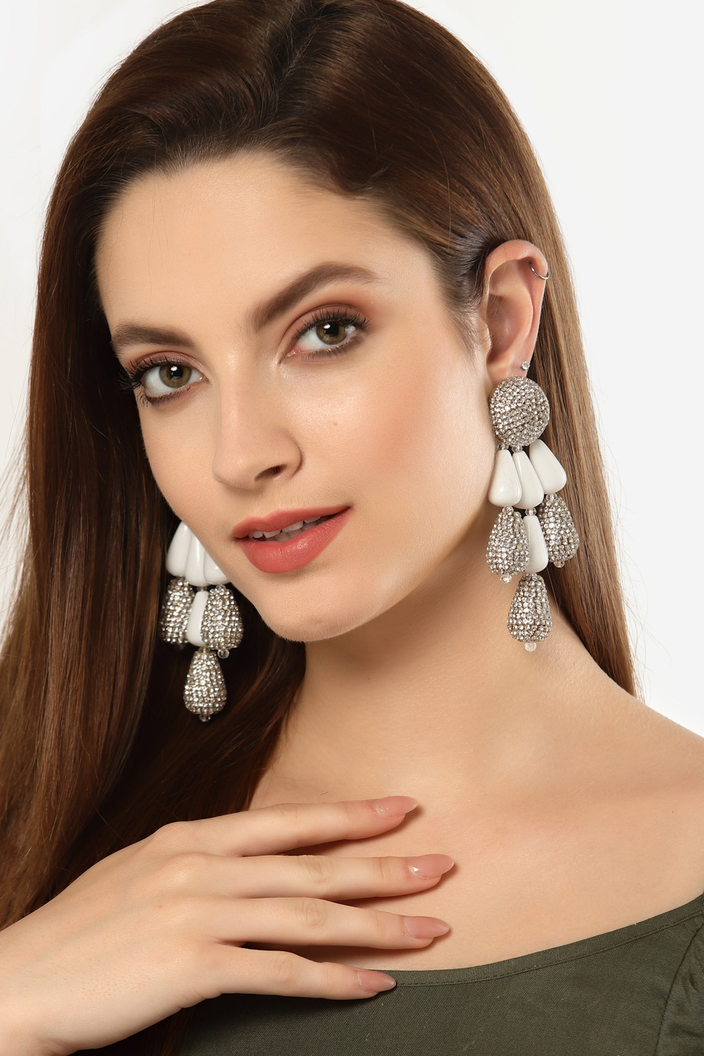 Bijoux by priya chandna Resin And Crystal Drop Earring In White fashion imitation jewellery  indian designer wear online shopping melange singapore