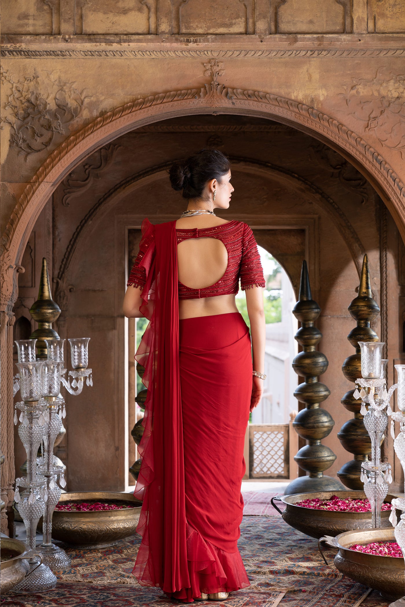 Chavvi Aggarwa Maroon Pre- Draped Frill Saree With Blouse Online Shopping Melange Singapore Indian Designer Wear