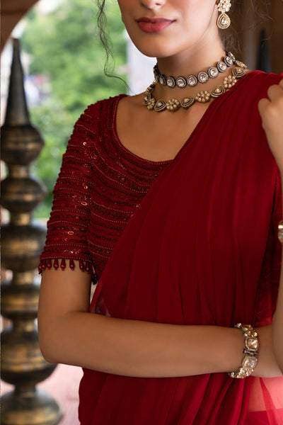 Chavvi Aggarwa Maroon Pre- Draped Frill Saree With Blouse Online Shopping Melange Singapore Indian Designer Wear