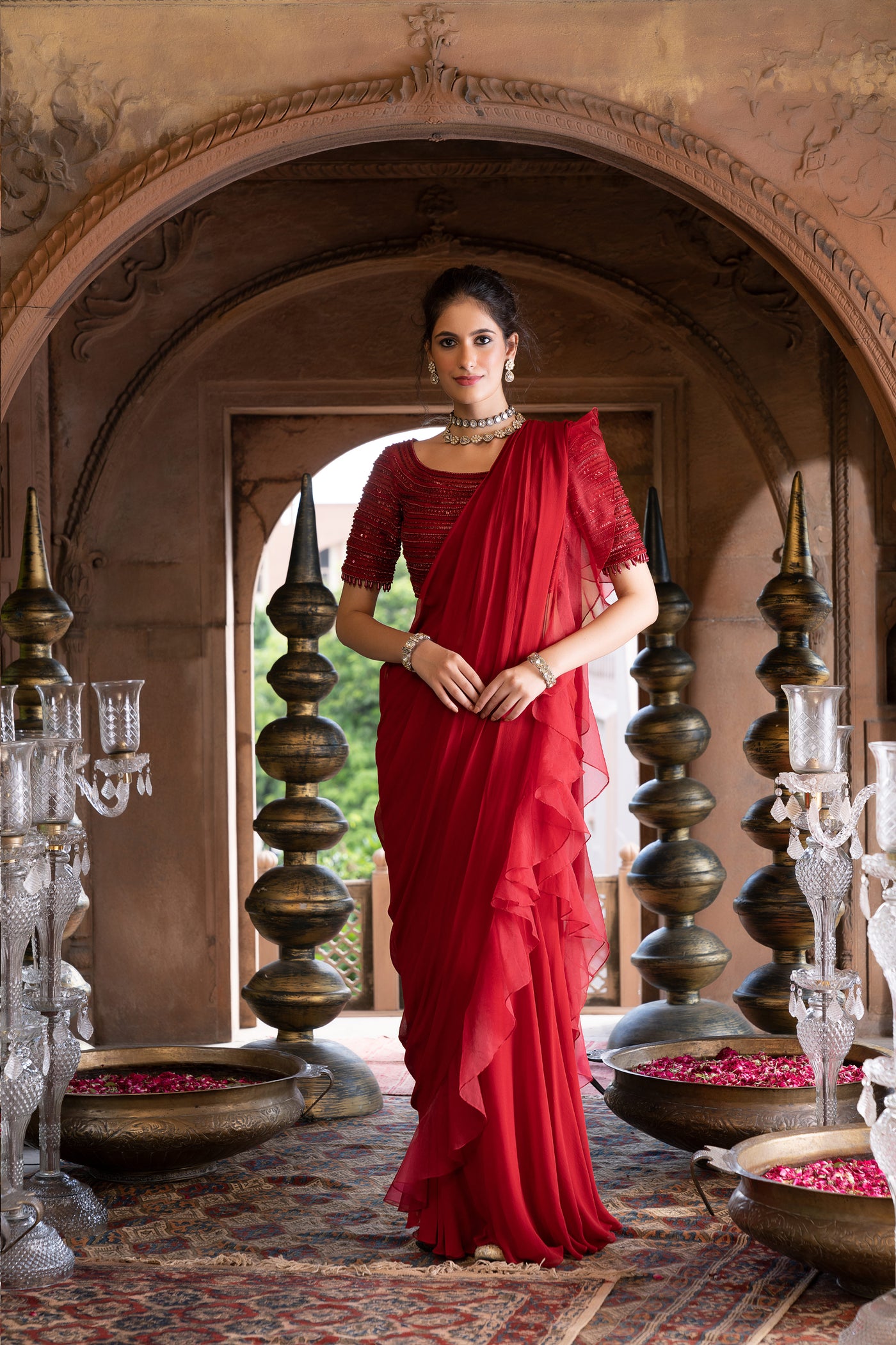 Chavvi Aggarwa Maroon Pre- Draped Frill Saree With Blouse Online Shopping Melange Singapore Indian Designer Wear