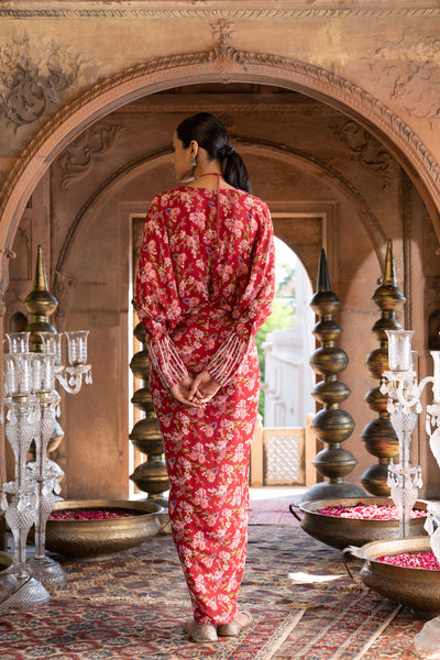 Chavvi Aggarwa  Maroon Printed Draped Dress Online Shopping Melange Singapore Indian Designer Wear