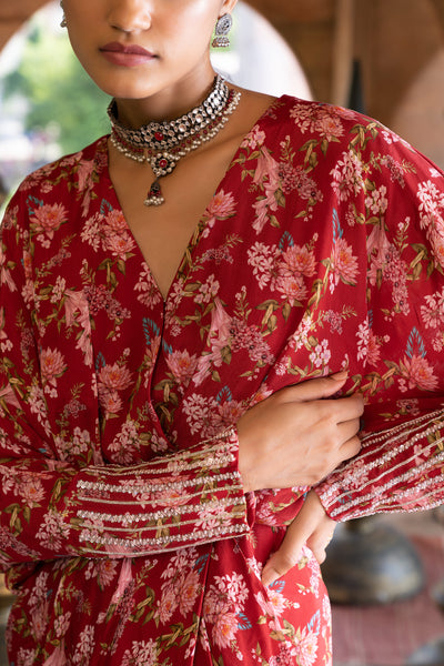 Chavvi Aggarwa  Maroon Printed Draped Dress Online Shopping Melange Singapore Indian Designer Wear