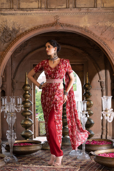 Chavvi Aggarwa Maroon Printed Pant Saree With Blouse and Belt Online Shopping Melange Singapore Indian Designer Wear