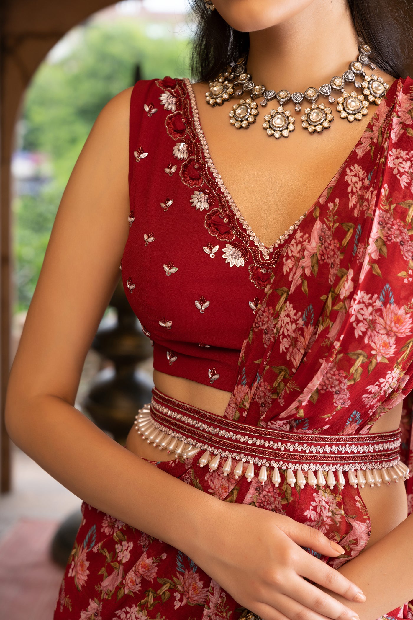 Chavvi Aggarwa Maroon Printed Saree With Blouse and Belt Online Shopping Melange Singapore Indian Designer Wear