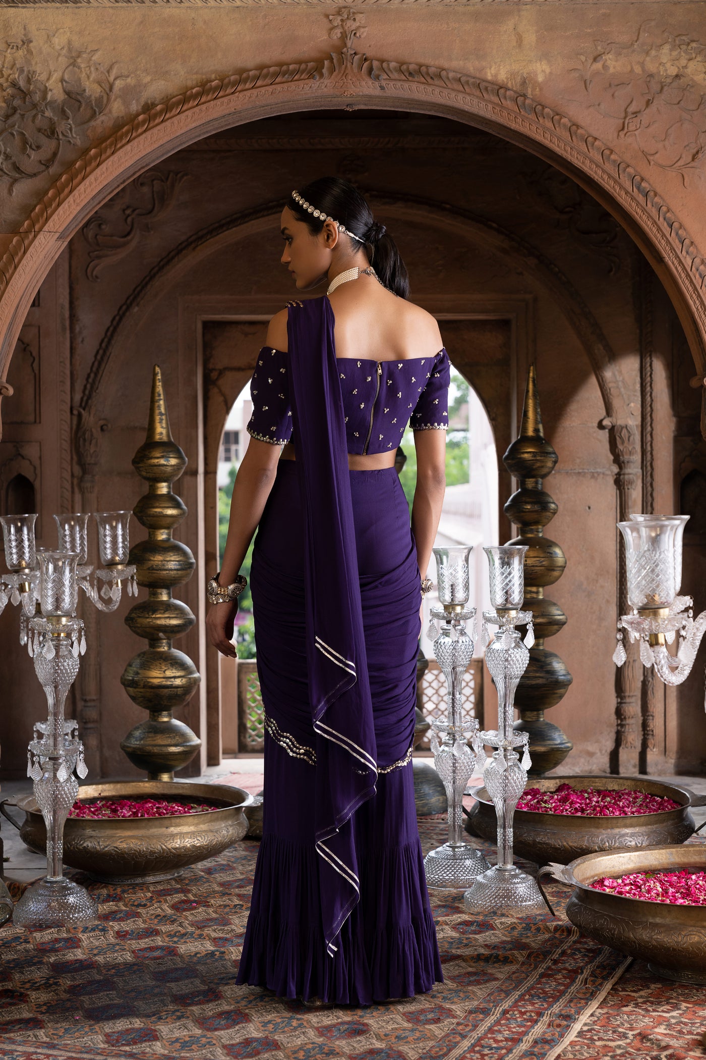 Chavvi Aggarwa Purple Pre-draped Saree With Off Shoulder Blouse Online Shopping Melange Singapore Indian Designer Wear