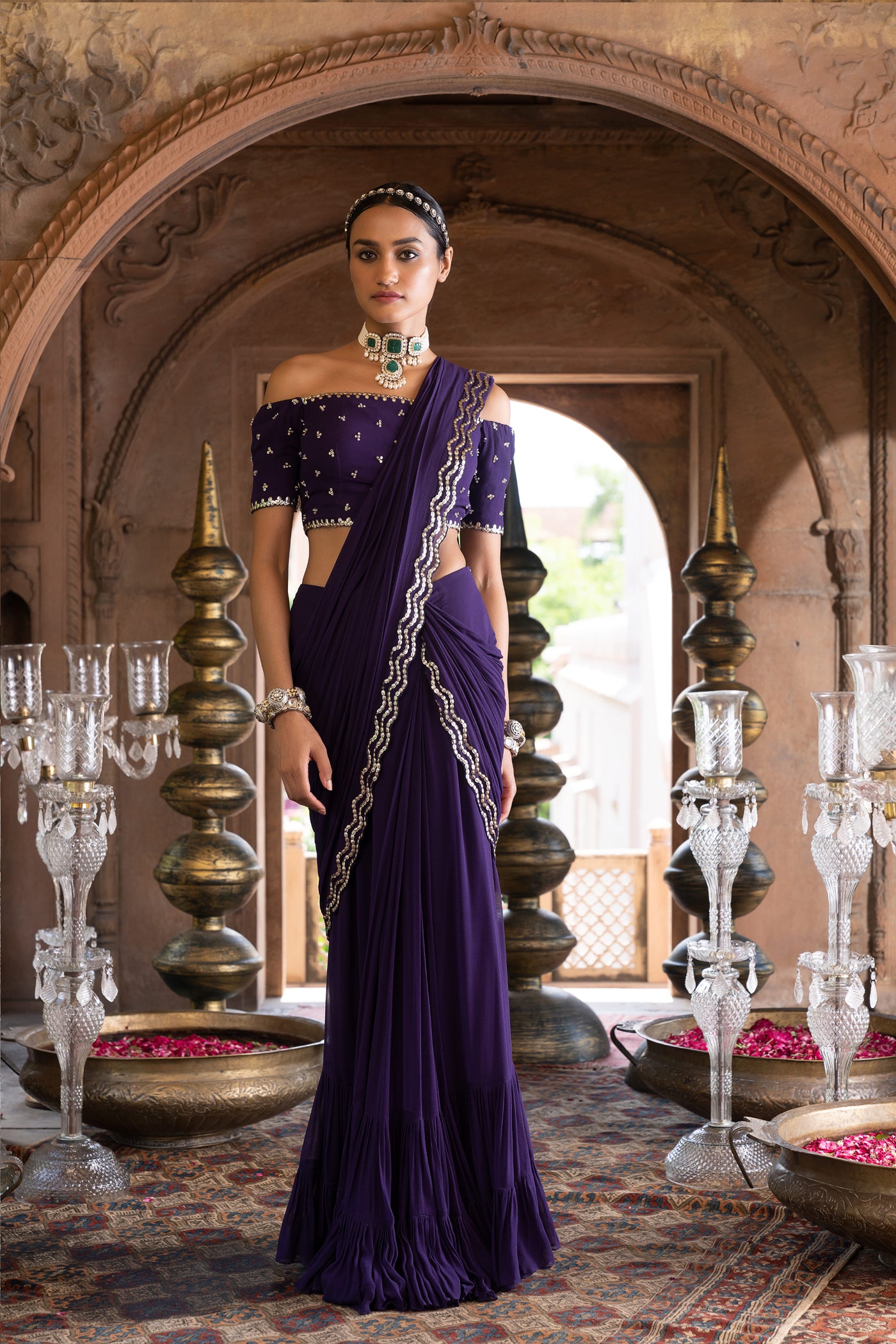 Chavvi Aggarwa Purple Pre-draped Saree With Off Shoulder Blouse Online Shopping Melange Singapore Indian Designer Wear