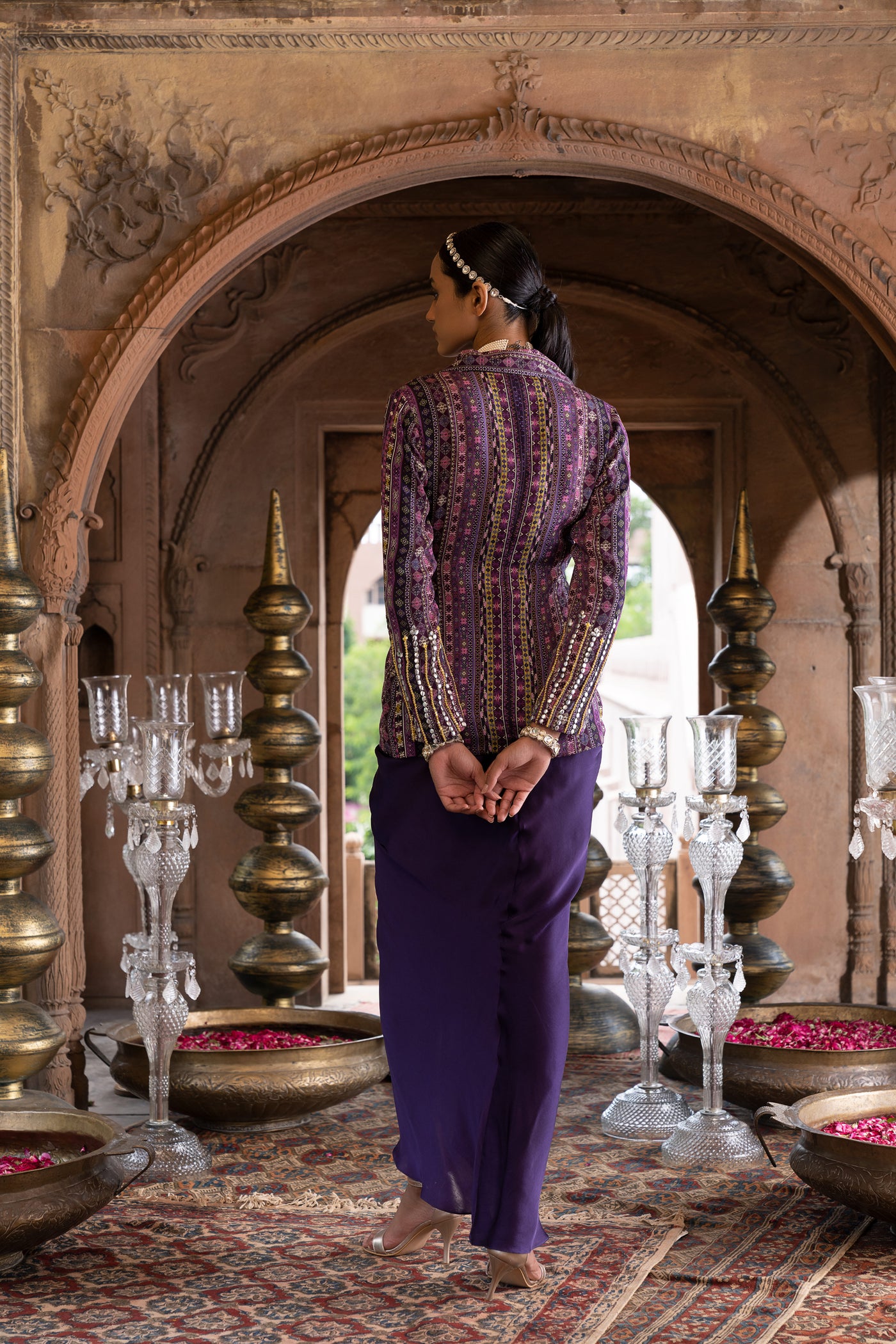 Chavvi Aggarwa Purple Printed Jacket With Inner and Draped Skirt Online Shopping Melange Singapore Indian Designer Wear