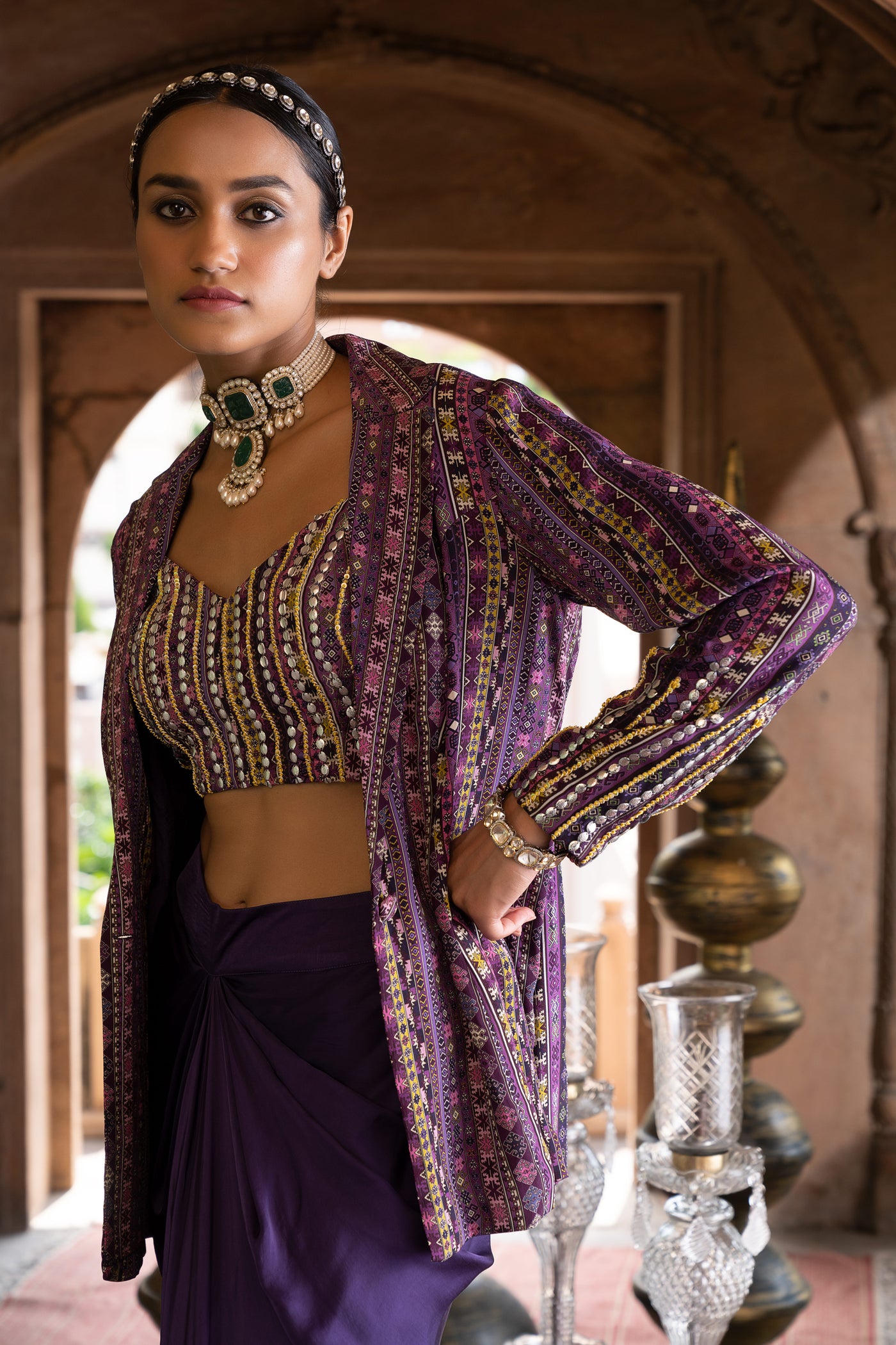 Chavvi Aggarwa Purple Printed Jacket With Inner and Draped Skirt Online Shopping Melange Singapore Indian Designer Wear