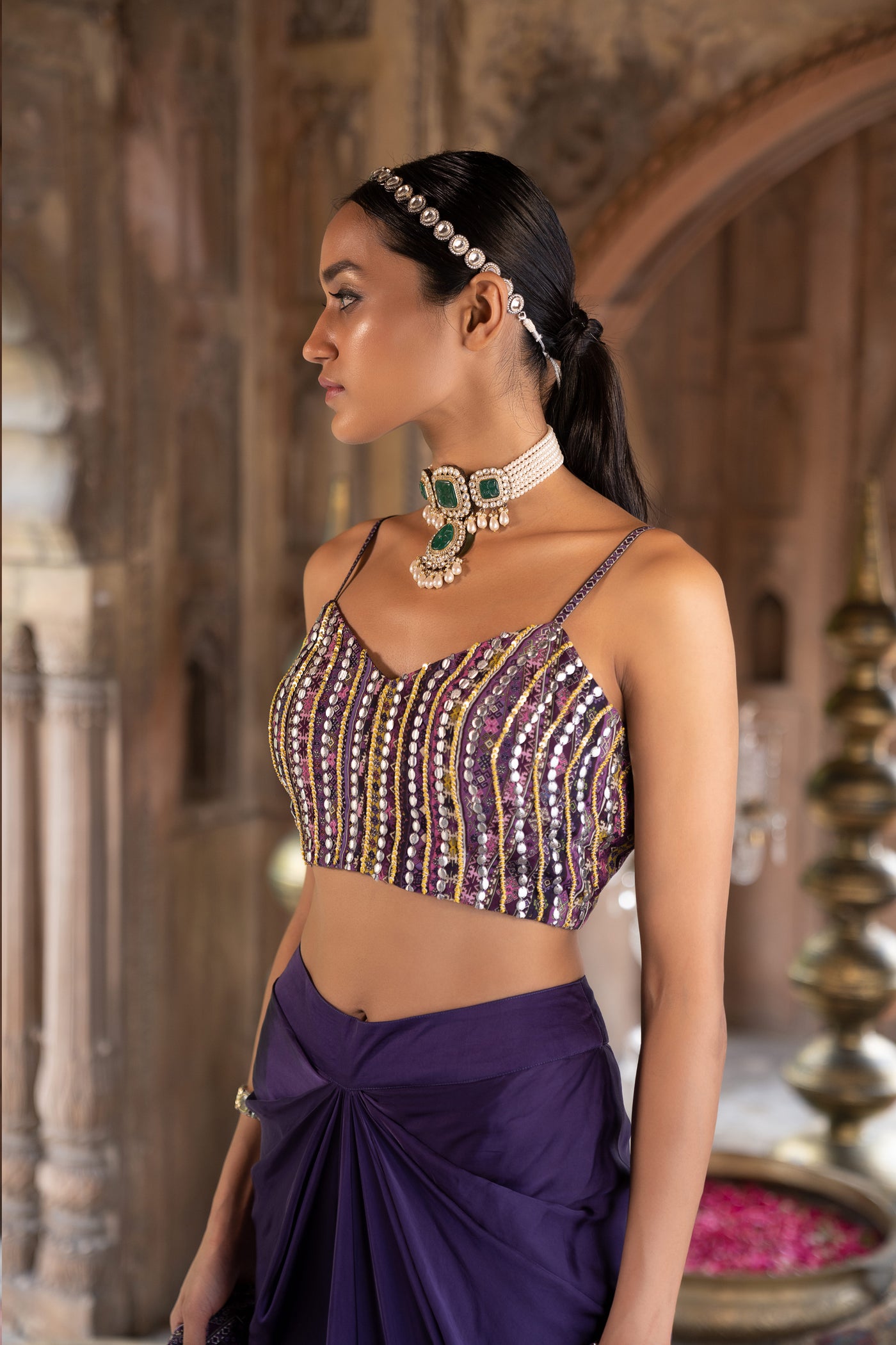 Chavvi Aggarwa Purple Printed Jacket With Inner and Draped Skirt Online Shopping Melange Singapore Indian Designer Wear