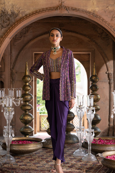 Chavvi Aggarwa Purple Printed Jacket With Inner and Draped Skirt Online Shopping Melange Singapore Indian Designer Wear