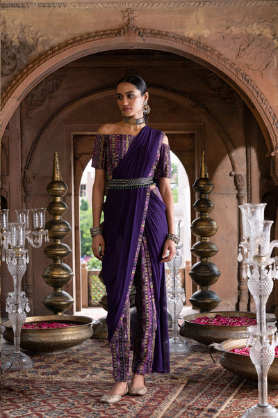 Chavvi Aggarwa Purple Printed Pant Saree With Blouse and Belt Online Shopping Melange Singapore Indian Designer Wear